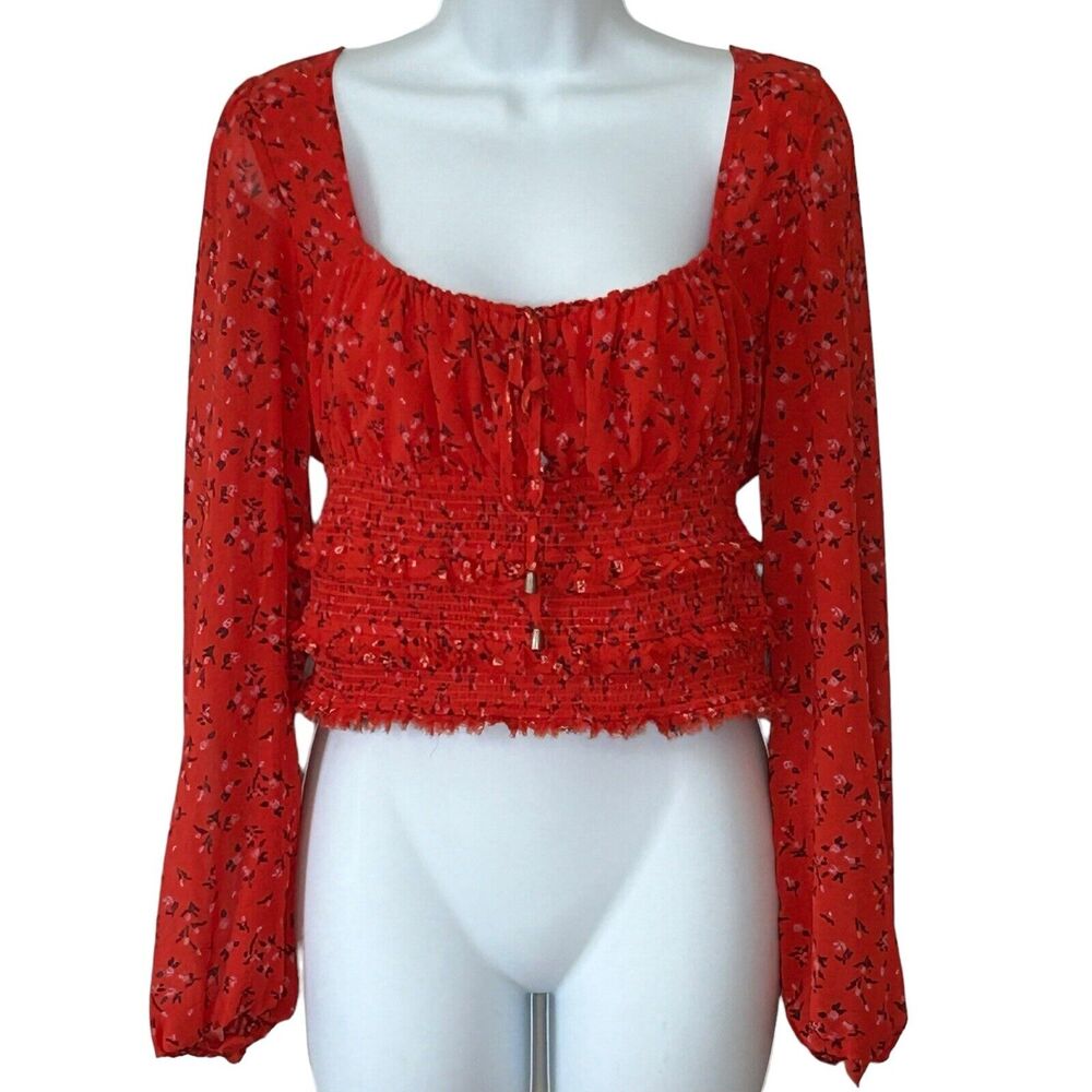 Free People Coquette Milkmaid Blouse S Red Floral Eyelash Fringe Ruffles Smocked